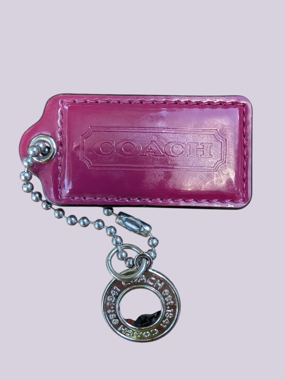 Coach Raspberry Patent Leather Hangtag 2.5” 1941 Charm Silver